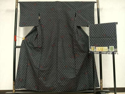 平和屋着物▽上質な紬　単衣　幾何学文様　玉藻織り　証紙付き　正絹　逸品　AAAV8388fy