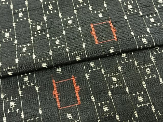 平和屋着物▽上質な紬　単衣　幾何学文様　玉藻織り　証紙付き　正絹　逸品　AAAV8388fy