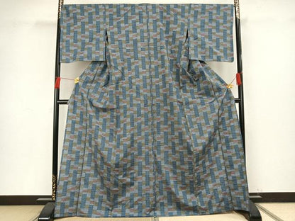 平和屋着物▽上質な紬 単衣 市松文様 やまと誂製 正絹 逸品 AAAV8392fy