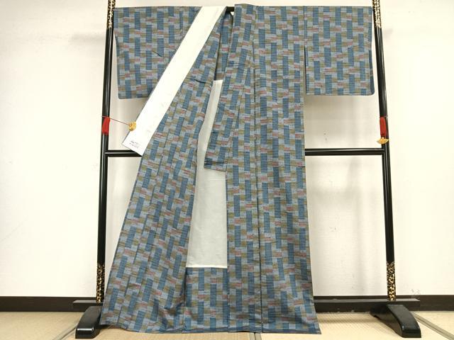 平和屋着物▽上質な紬 単衣 市松文様 やまと誂製 正絹 逸品 AAAV8392fy