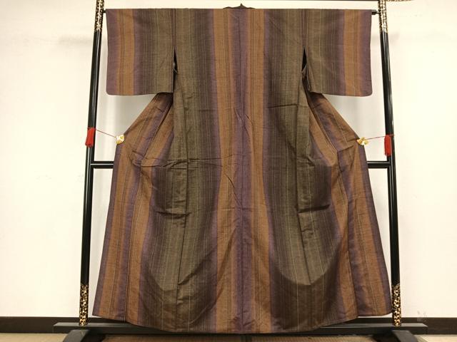平和屋着物▽上質な紬 単衣 縞 正絹 逸品 AAAV8394fy