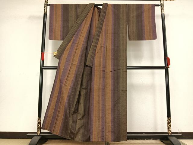 平和屋着物▽上質な紬 単衣 縞 正絹 逸品 AAAV8394fy