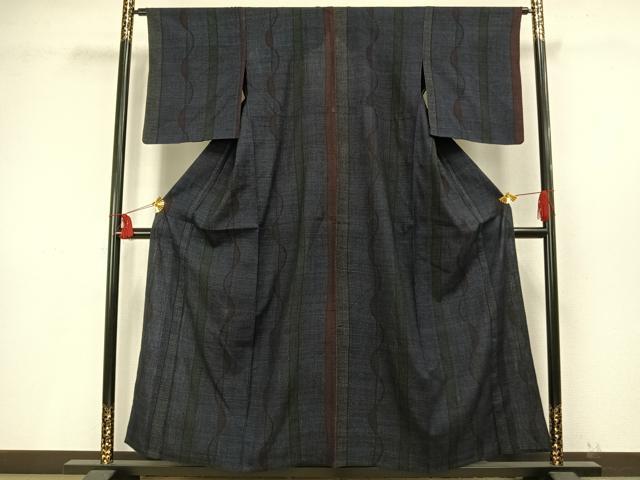 平和屋着物▽本場結城紬 重要無形文化財 単衣 80亀甲 縞 正絹 逸品 AAAV8397fy