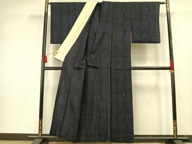 平和屋着物▽本場結城紬 重要無形文化財 単衣 80亀甲 縞 正絹 逸品 AAAV8397fy