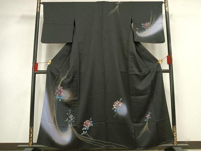 平和屋着物▽訪問着　単衣　草花文　暈し染め　黒地　金銀彩　正絹　逸品　AAAV8406fy