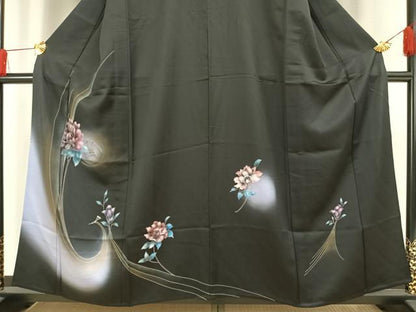 平和屋着物▽訪問着　単衣　草花文　暈し染め　黒地　金銀彩　正絹　逸品　AAAV8406fy