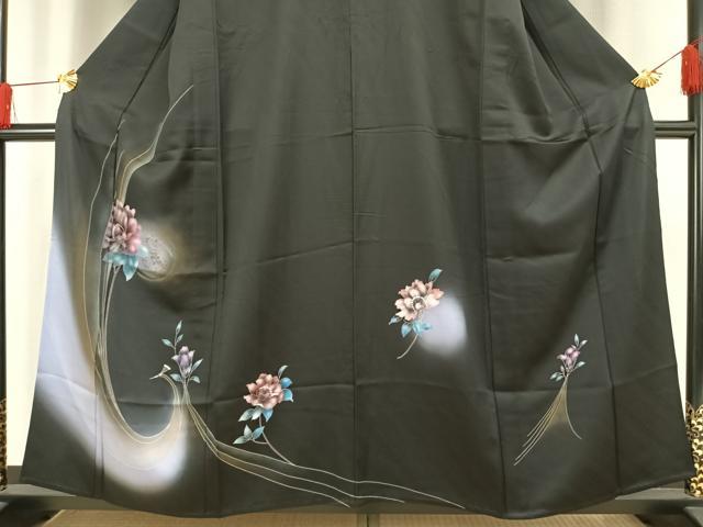 平和屋着物▽訪問着　単衣　草花文　暈し染め　黒地　金銀彩　正絹　逸品　AAAV8406fy