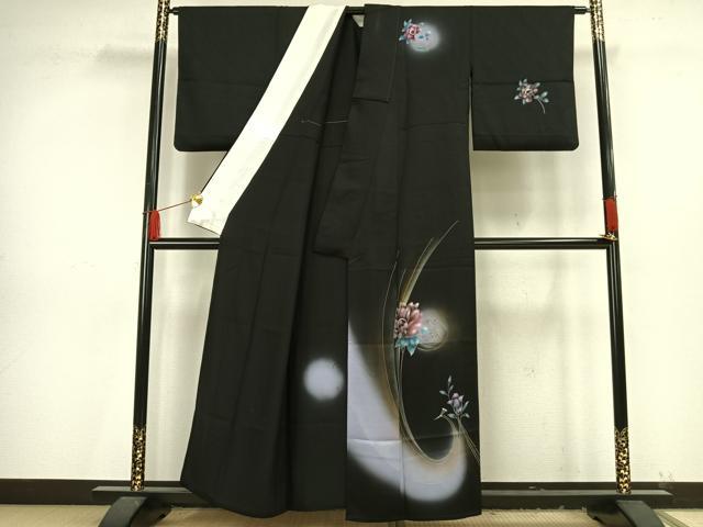 平和屋着物▽訪問着　単衣　草花文　暈し染め　黒地　金銀彩　正絹　逸品　AAAV8406fy