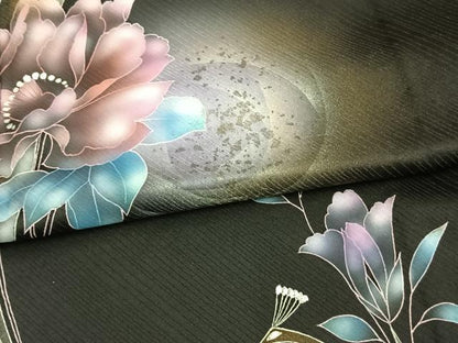 平和屋着物▽訪問着　単衣　草花文　暈し染め　黒地　金銀彩　正絹　逸品　AAAV8406fy