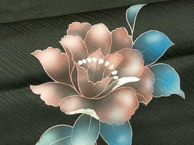 平和屋着物▽訪問着　単衣　草花文　暈し染め　黒地　金銀彩　正絹　逸品　AAAV8406fy
