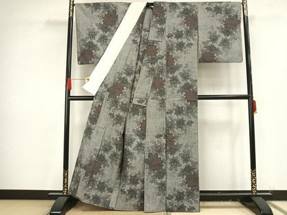 平和屋着物▽上質な紬 単衣 草花文 正絹 逸品 AAAV8413fy