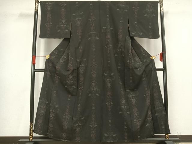 平和屋着物▽お召 単衣 草花間道 黒地 正絹 逸品 AAAV8414fy