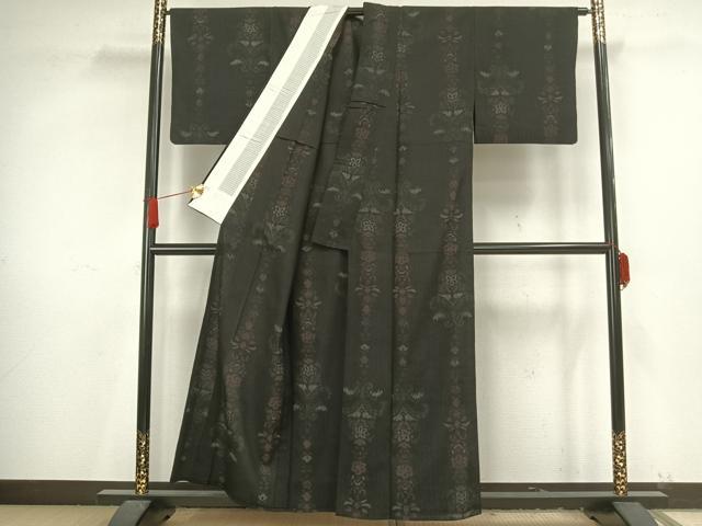 平和屋着物▽お召 単衣 草花間道 黒地 正絹 逸品 AAAV8414fy