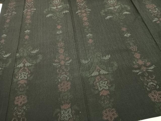 平和屋着物▽お召 単衣 草花間道 黒地 正絹 逸品 AAAV8414fy