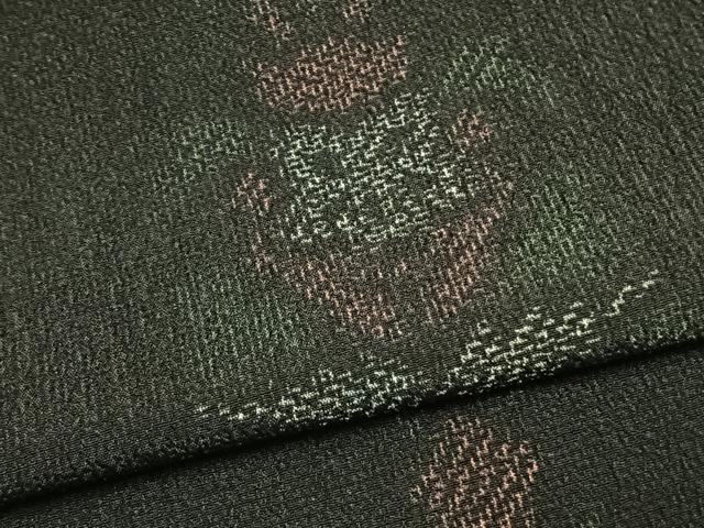 平和屋着物▽お召 単衣 草花間道 黒地 正絹 逸品 AAAV8414fy