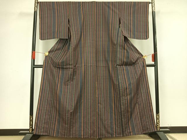 平和屋着物▽上質な紬 単衣 縞 正絹 逸品 AAAV8416fy