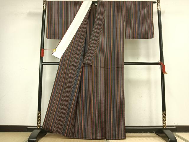 平和屋着物▽上質な紬 単衣 縞 正絹 逸品 AAAV8416fy