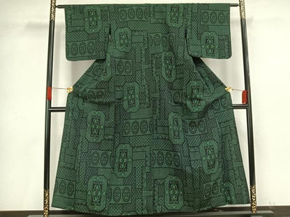 平和屋着物▽お召 単衣 幾何学文様 正絹 逸品 AAAV8419fy