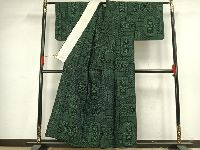平和屋着物▽お召 単衣 幾何学文様 正絹 逸品 AAAV8419fy