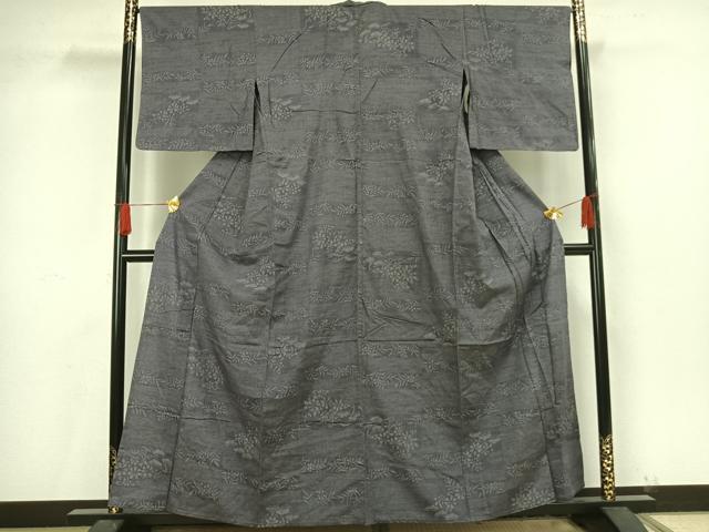 平和屋着物▽上質な紬 単衣 横段草花文 正絹 逸品 AAAV8420fy
