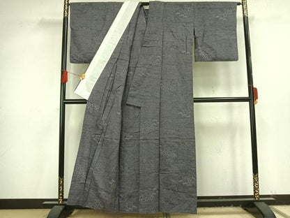 平和屋着物▽上質な紬 単衣 横段草花文 正絹 逸品 AAAV8420fy