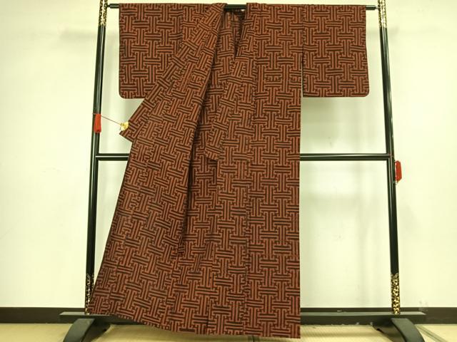 平和屋着物▽上質な紬　単衣　秋名バラ柄　正絹　逸品　AAAV8423fy