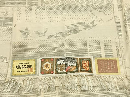 平和屋着物▽塩沢絣 単衣 110亀甲 舞鳥文 証紙付き 正絹 逸品 AAAV8430fy