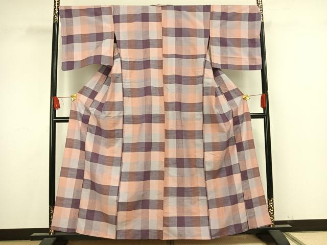 平和屋着物▽上質な紬 単衣 格子 正絹 逸品 AAAV8431fy