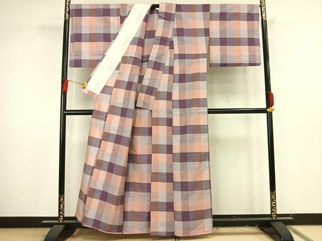 平和屋着物▽上質な紬 単衣 格子 正絹 逸品 AAAV8431fy
