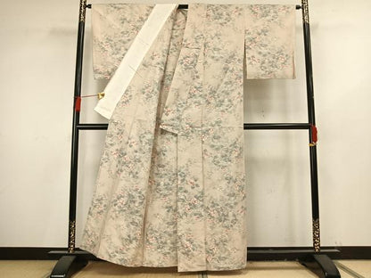平和屋着物▽小千谷紬　単衣　草花文　正絹　逸品　AAAV8434fy