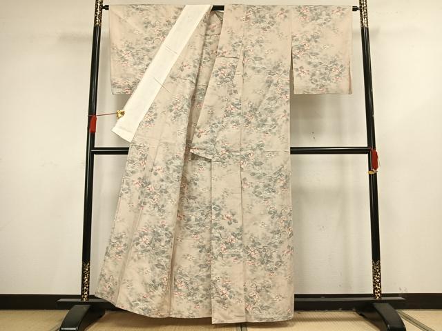 平和屋着物▽小千谷紬　単衣　草花文　正絹　逸品　AAAV8434fy