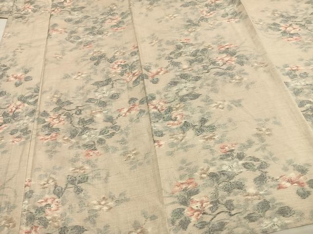 平和屋着物▽小千谷紬　単衣　草花文　正絹　逸品　AAAV8434fy