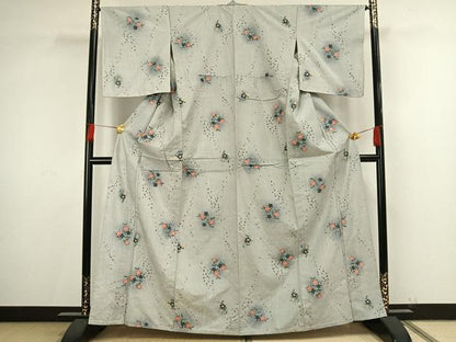 平和屋着物▽上質な紬 単衣 草花文 正絹 逸品 AAAV8435fy