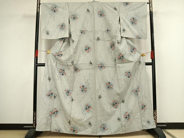 平和屋着物▽上質な紬 単衣 草花文 正絹 逸品 AAAV8435fy