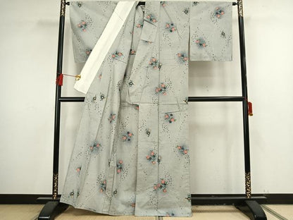 平和屋着物▽上質な紬 単衣 草花文 正絹 逸品 AAAV8435fy