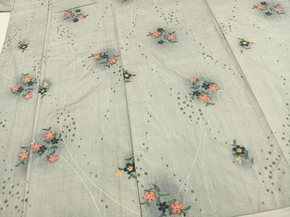 平和屋着物▽上質な紬 単衣 草花文 正絹 逸品 AAAV8435fy