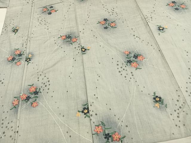 平和屋着物▽上質な紬 単衣 草花文 正絹 逸品 AAAV8435fy