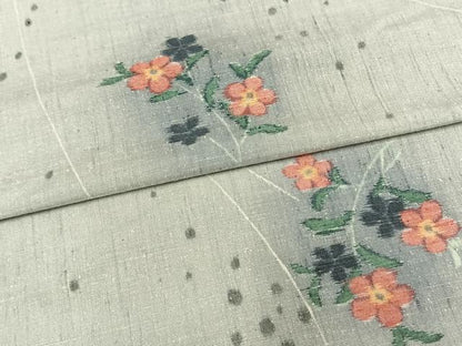 平和屋着物▽上質な紬 単衣 草花文 正絹 逸品 AAAV8435fy