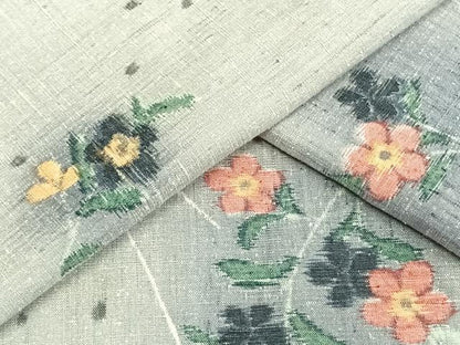平和屋着物▽上質な紬 単衣 草花文 正絹 逸品 AAAV8435fy
