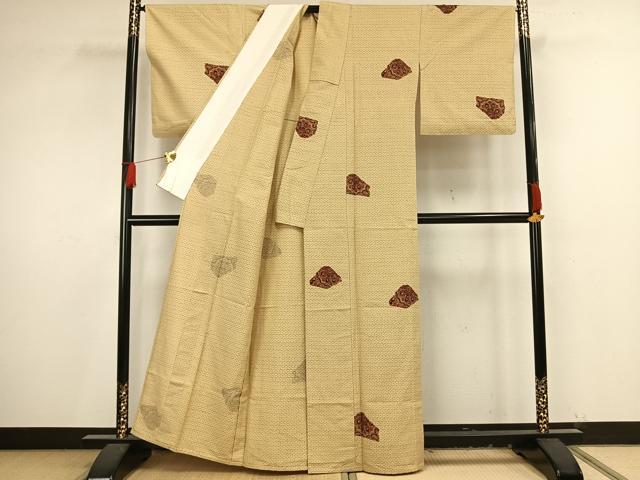 平和屋着物▽上質な紬 単衣 正倉院花文 正絹 逸品 AAAV8437fy