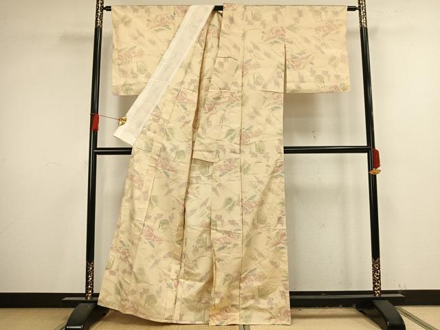 平和屋着物▽上質な紬　単衣　幾何学文様　正絹　逸品　AAAV8438fy