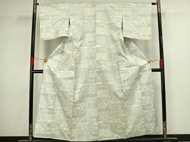 平和屋着物▽本場大島紬　単衣　白大島　風景文　正絹　逸品　AAAV8443fy