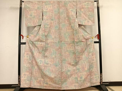 平和屋着物▽お召　単衣　色紙重ね文　正絹　逸品　AAAV8444fy