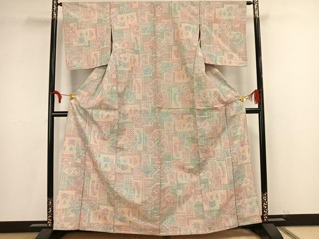 平和屋着物▽お召　単衣　色紙重ね文　正絹　逸品　AAAV8444fy