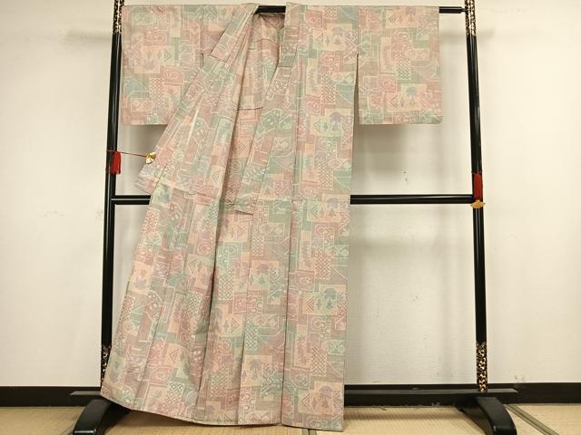 平和屋着物▽お召　単衣　色紙重ね文　正絹　逸品　AAAV8444fy