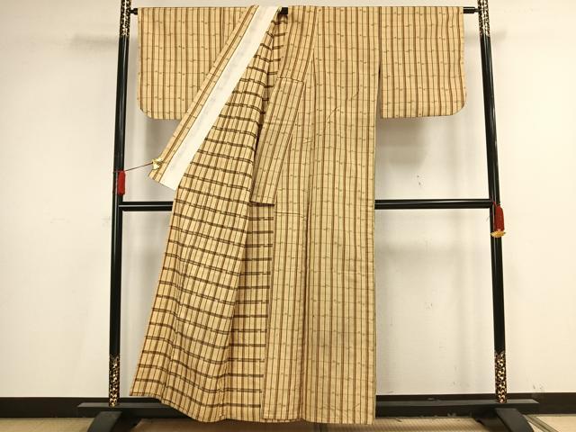 平和屋着物▽上質な紬 単衣 縞 正絹 逸品 AAAV8446fy