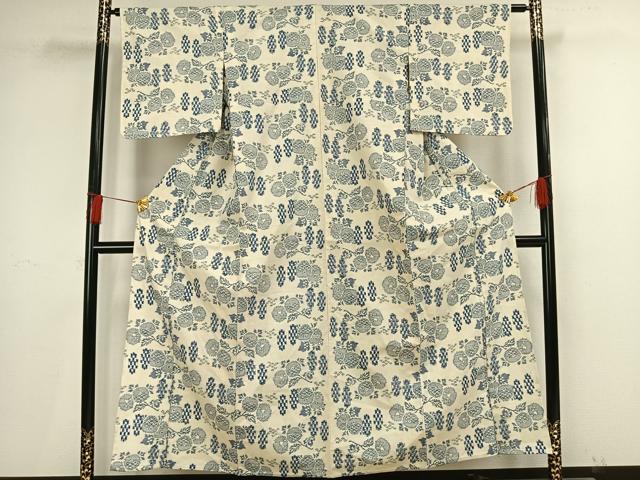 平和屋着物▽上質な紬 単衣 草花文 正絹 逸品 AAAV8448fy