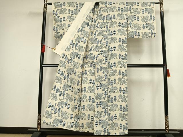 平和屋着物▽上質な紬 単衣 草花文 正絹 逸品 AAAV8448fy