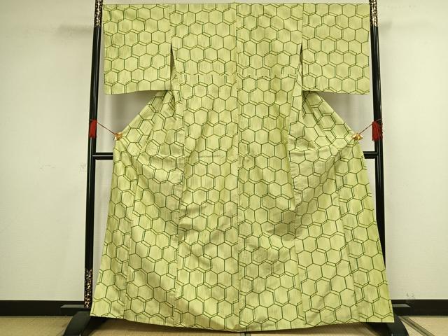 平和屋着物▽上質な紬 単衣 亀甲文様 正絹 逸品 AAAV8455fy