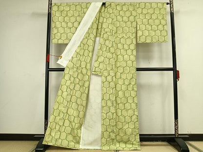 平和屋着物▽上質な紬 単衣 亀甲文様 正絹 逸品 AAAV8455fy